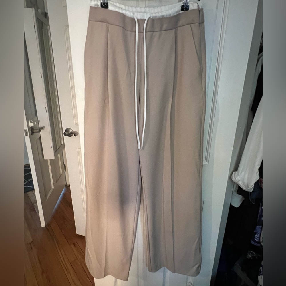 Zara Wide-Leg Drawstring Pants in Beige with White Waistband